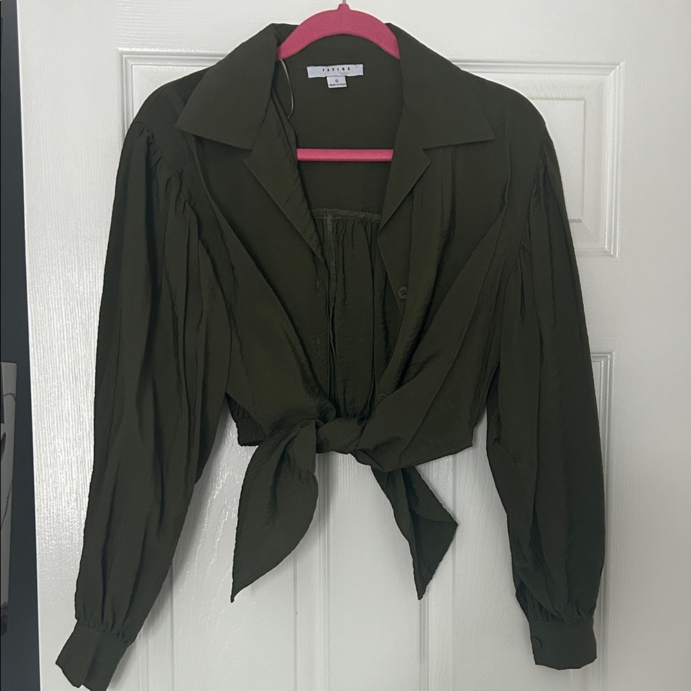 SHEIN Dark Green Tie-Front Blouse